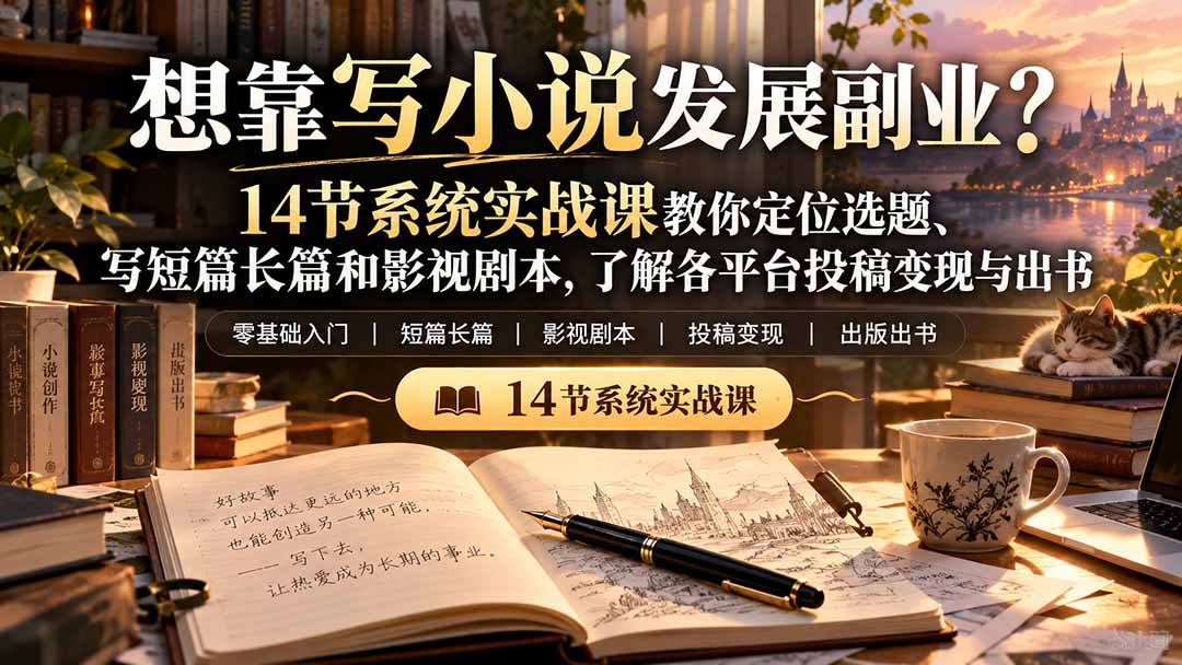 【无水印】想靠写小说发展副业？14节系统实战课教你定位选题、写短篇长篇和影视剧本，了解各平台投稿变现与出书-摇钱树
