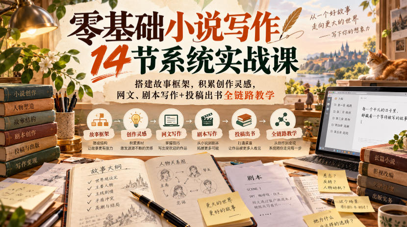 零基础小说写作14节系统实战课,搭建故事框架,积累创作灵感,网文、剧本写作+投稿出书全链路教学-摇钱树