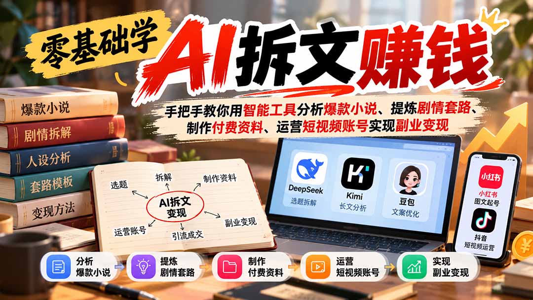零基础学AI拆文赚钱:手把手教你用智能工具分析爆款小说、提炼剧情套路、制作付费资料、运营短视频账号实现副业变现-丰收创业
