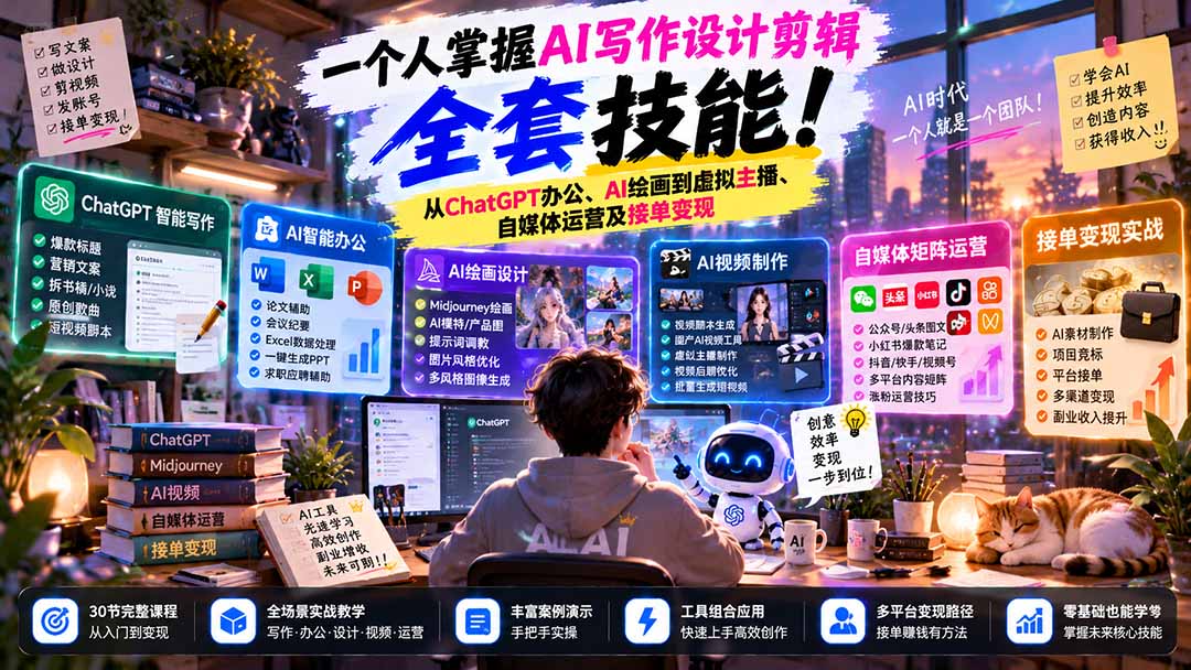 一个人掌握AI写作设计剪辑全套技能:从ChatGPT办公、AI绘画到虚拟主播、自媒体运营及接单变现-摇钱树