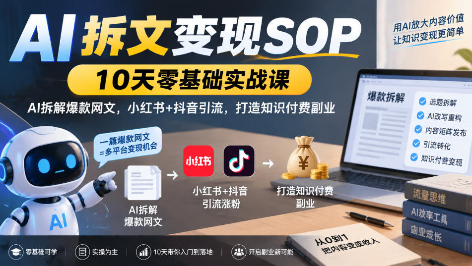 AI拆文变现SOP｜10天零基础实战课，AI拆解爆款网文，小红书+抖音引流，打造知识付费副业-丰收创业