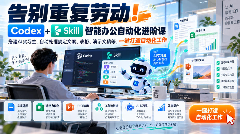 告别重复劳动!Codex+Skill智能办公自动化进阶课|搭建AI实习生,自动处理搞定文案、表格、演示文稿等,一键打造自动化工作-摇钱树