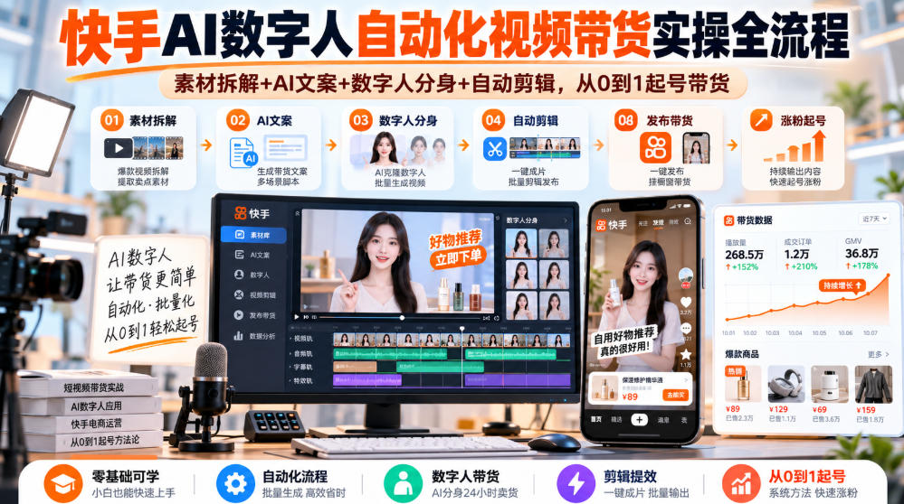 快手AI数字人自动化视频带货实操全流程|素材拆解+AI文案+数字人分身+自动剪辑,从0到1起号带货(更新26年)-摇钱树