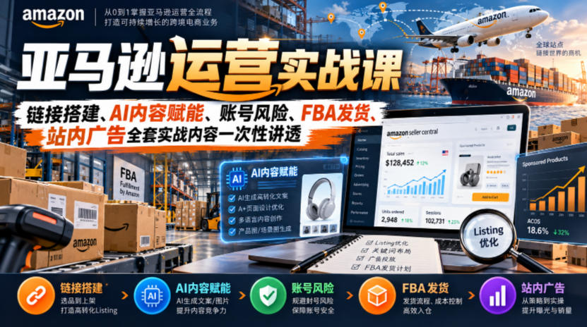 亚马逊运营实战课，链接搭建、AI内容赋能、账号风险、FBA发货、站内广告全套实战内容一次性讲透-摇钱树