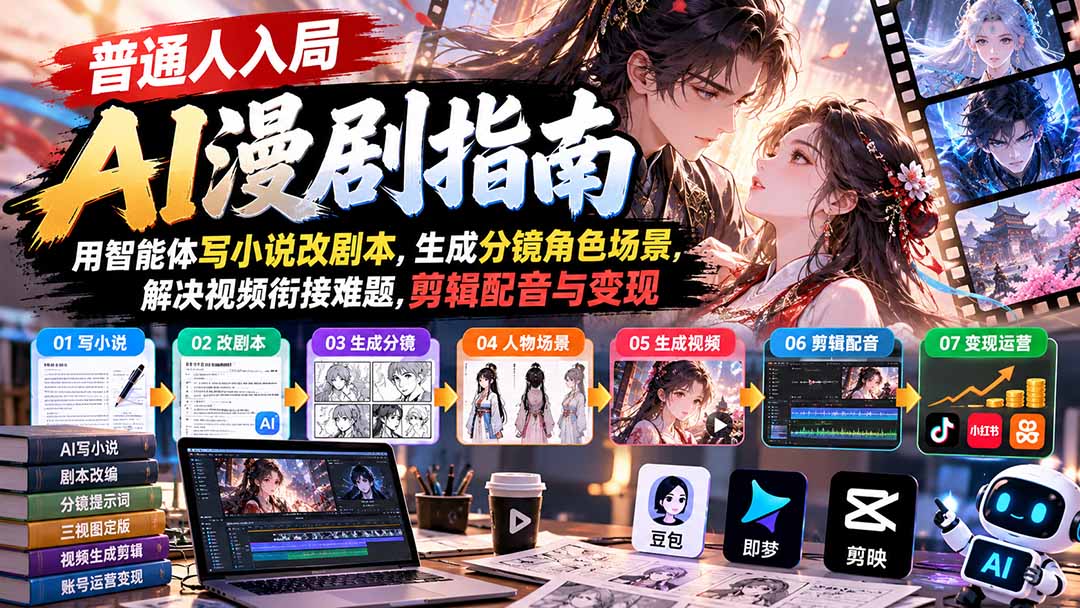 【无水印】普通人入局AI漫剧指南:用智能体写小说改剧本,生成分镜角色场景,解决视频衔接难题,剪辑配音与变现-摇钱树