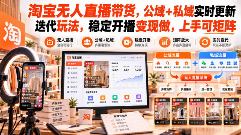 淘宝无人直播带货,公域+私域实时更新迭代玩法,稳定开播变现做,上手可矩阵【揭秘】-摇钱树