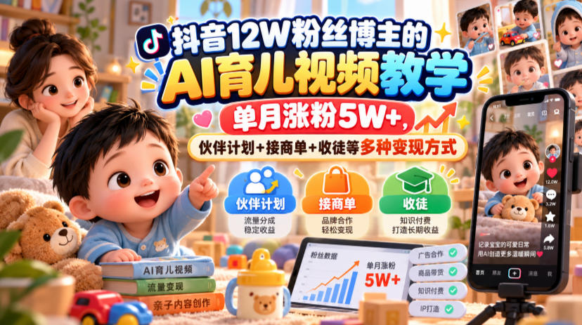 抖音12W粉丝博主的AI育儿视频教学，单月涨粉5W+，伙伴计划+接商单+收徒等多种变现方式-摇钱树