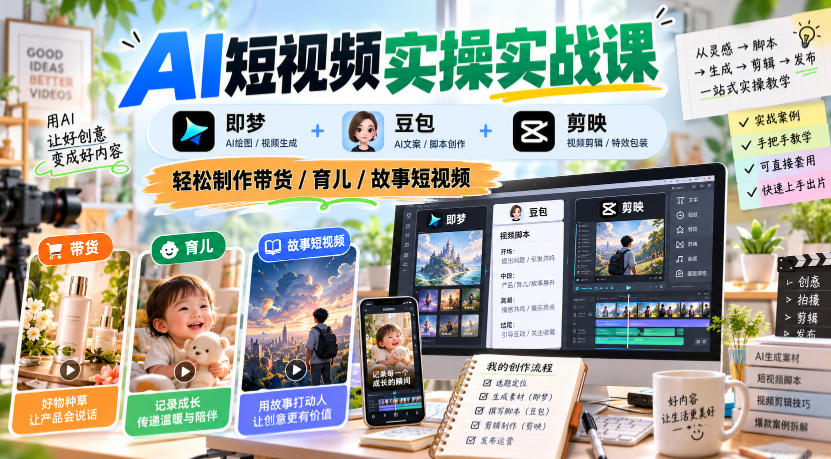 AI短视频实操实战课,即梦+豆包+剪映,轻松制作带货/育儿/故事短视频-摇钱树