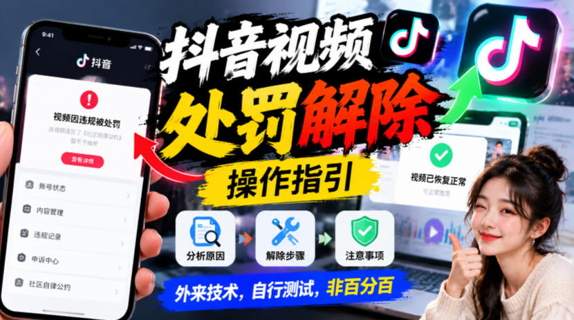 抖音视频处罚解除操作指引，外来技术，自行测试，非百分百-摇钱树
