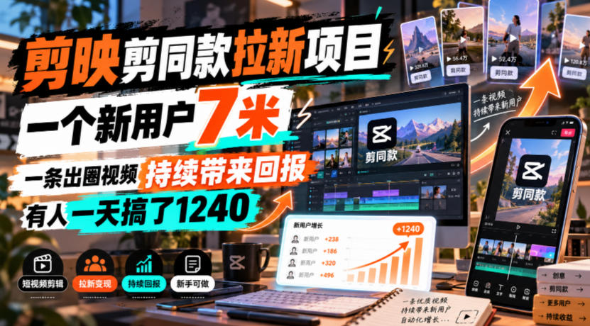 剪映剪同款拉新项目,一个新用户7米,一条出圈视频持续带来回报,有人一天搞了1240-摇钱树