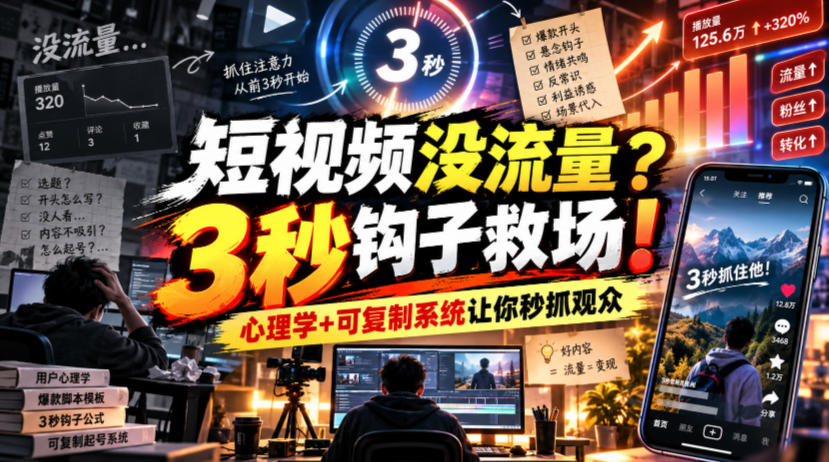 【无水印】短视频没流量?3秒钩子救场!心理学+可复制系统让你秒抓观众【原创双语字幕】-千帆创业