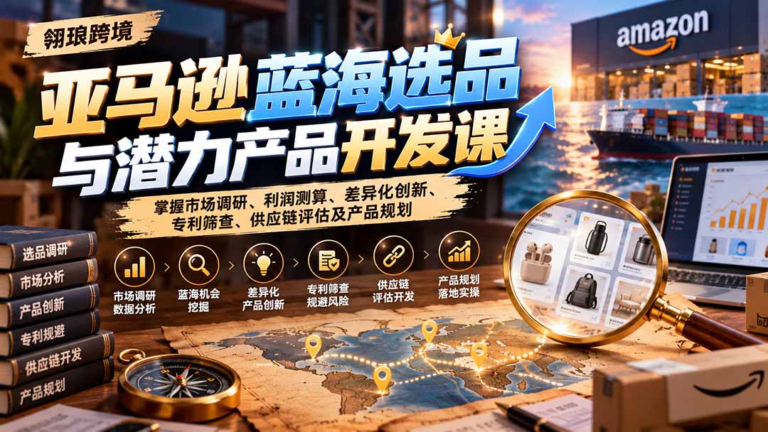 亚马逊蓝海选品与潜力产品开发课:掌握市场调研、利润测算、差异化创新、专利筛查、供应链评估及产品规划-摇钱树