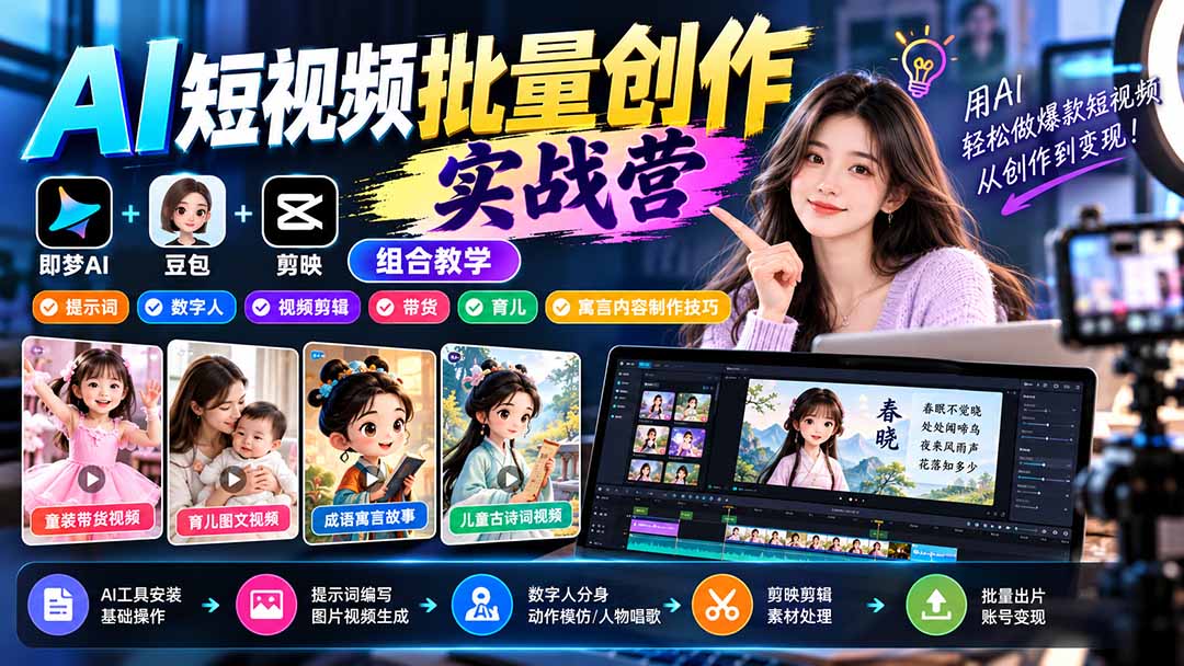 【无水印】AI短视频批量创作实战营：即梦+豆包+剪映组合教学，提示词/数字人/视频剪辑/带货/育儿/寓言内容制作技巧-摇钱树
