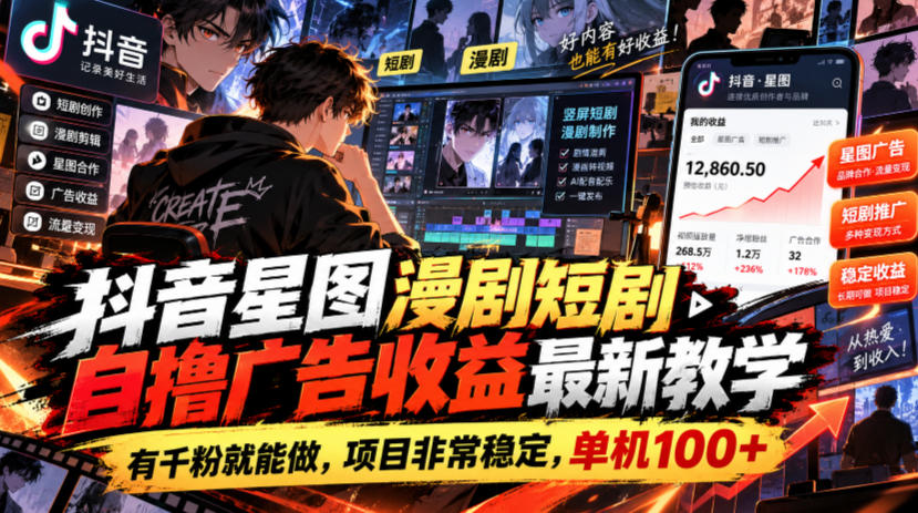 抖音星图漫剧短剧自撸广告收益最新教学，有千粉就能做，项目非常稳定，单机100+-摇钱树