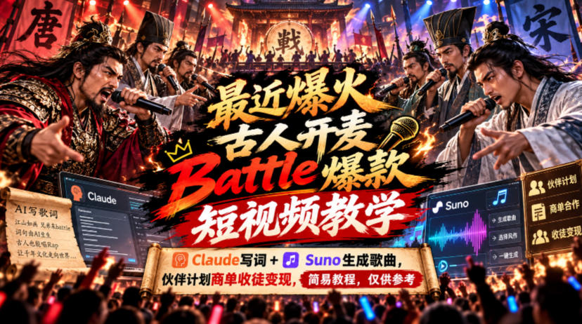 最近爆火古人开麦Battle爆款短视频教学,Claude写词+Suno生成歌曲,伙伴计划商单收徒变现,简易教程,仅供参考-天赋网创