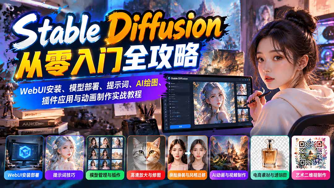 Stable Diffusion从零入门全攻略:WebUI安装、模型部署、提示词、AI绘图、插件应用与动画制作实战教程-摇钱树