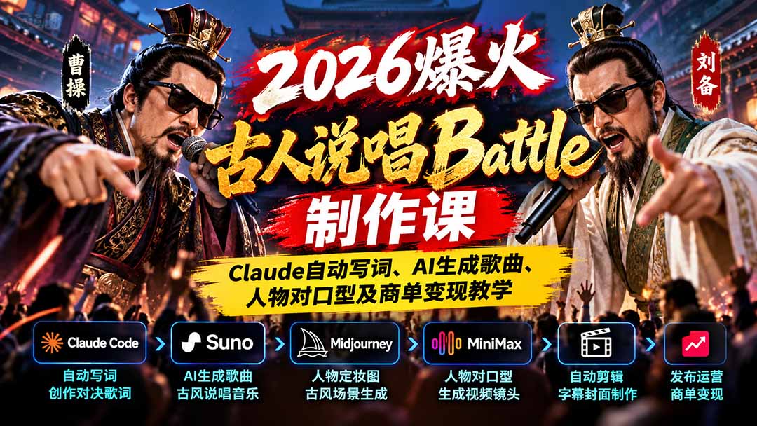 2026爆火古人说唱Battle制作课：Claude自动写词、AI生成歌曲、人物对口型及商单变现教学-摇钱树