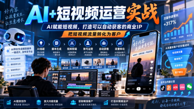 AI+短视频运营实战，AI赋能短视频，打造可以自动获客的商业IP，把短视频流量转化为客户-摇钱树