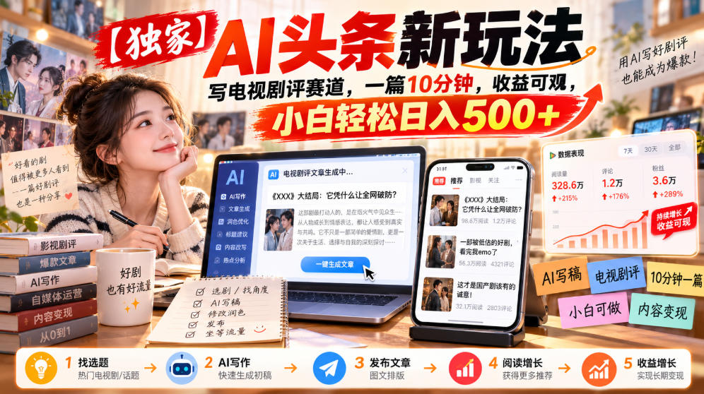【独家】AI头条新玩法,写电视剧评赛道,一篇10分钟,收益可观,小白轻松日入500+-天赋网创