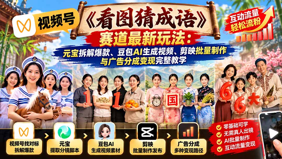 视频号《看图猜成语》赛道最新玩法：元宝拆解爆款、豆包AI生成视频、剪映批量制作与广告分成变现完整教学-摇钱树