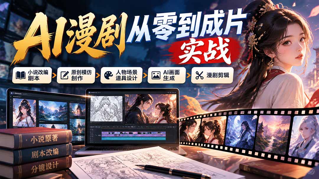 AI漫剧从零到成片实战:小说改编剧本、原创模仿创作、人物场景道具设计、AI画面生成与漫剧剪辑-摇钱树