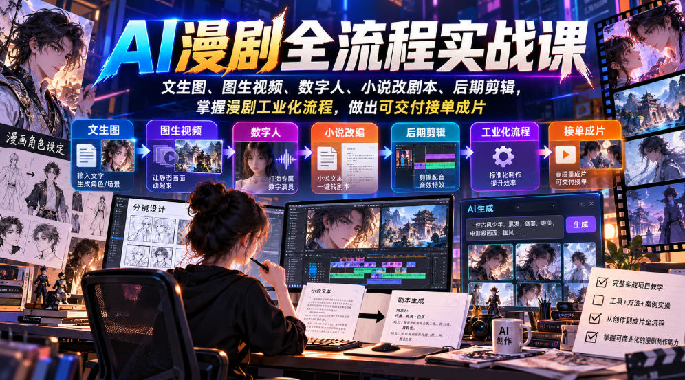 AI漫剧全流程实战课，文生图、图生视频、数字人、小说改剧本、后期剪辑，掌握漫剧工业化流程，做出可交付接单成片-摇钱树