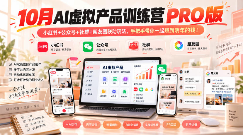10月AI虚拟产品训练营PRO版，小红书+公众号+社群+朋友圈联动玩法，手把手带你一起赚到明年的钱！-摇钱树