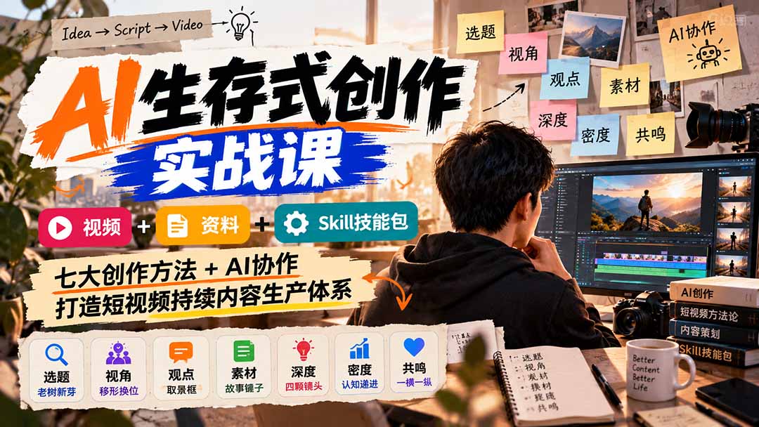 AI生存式创作实战课:视频+资料+Skill技能包,七大创作方法+AI协作,打造短视频持续内容生产体系-摇钱树