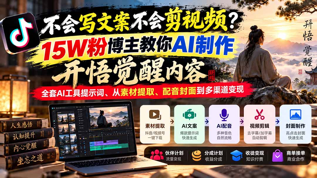 不会写文案不会剪视频?15W粉博主教你AI制作开悟觉醒内容,全套AI工具提示词、从素材提取、配音封面到多渠道变现-盈科项目资源网