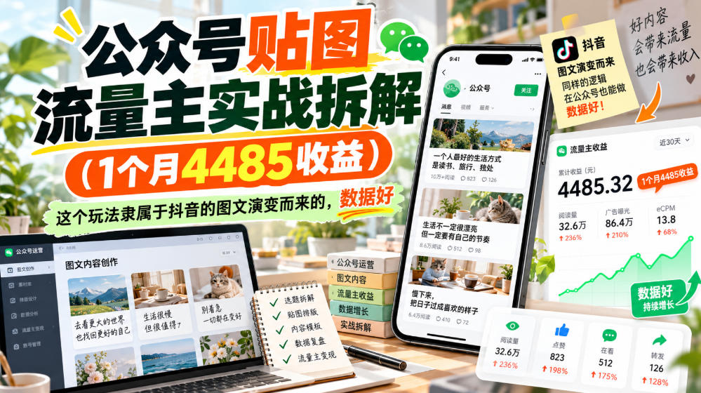 公众号贴图流量主实战拆解(1个月4485收益)，这个玩法隶属于抖音的图文演变而来的，数据好-盈科项目资源网