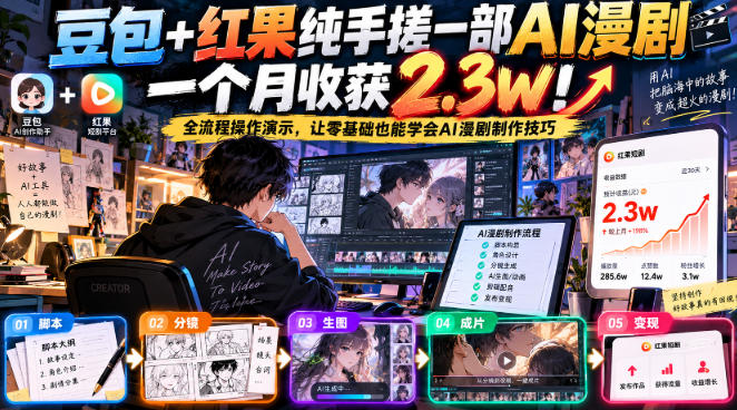 豆包+红果纯手搓一部AI漫剧一个月收获2.3w!全流程操作演示,让零基础也能学会AI漫剧制作技巧