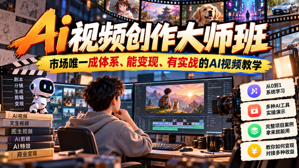 Ai视频创作大师班，市场唯一成体系、能变现、有实战的AI视频教学(更新2026)-摇钱树