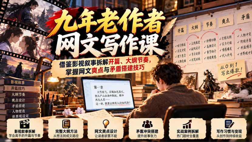 九年老作者网文写作课:借鉴影视叙事拆解开篇、大纲节奏,掌握网文爽点与矛盾搭建技巧-摇钱树