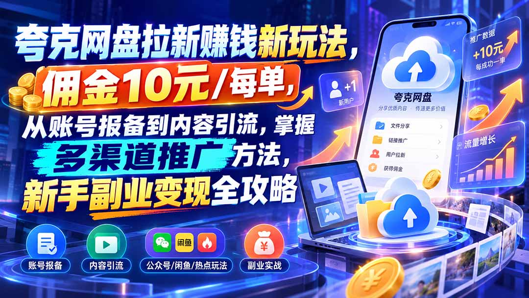 夸克网盘拉新赚钱新玩法，佣金10元/每单，从账号报备到内容引流，掌握多渠道推广方法，新手副业变现全攻略-天赋网创