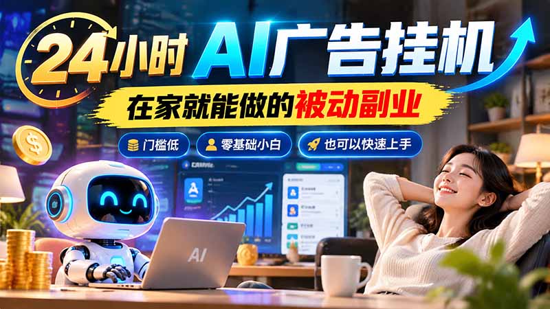 24小时AI广告挂机|在家就能做的被动副业,门槛低,零基础小白也可以快速上手-摇钱树