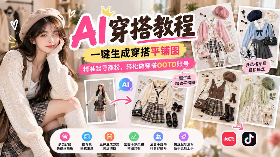 【无水印】AI穿搭教程|一键生成穿搭平铺图,精准起号涨粉,轻松做穿搭OOTD账号-摇钱树