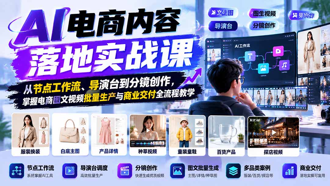 AI电商内容落地实战课：从节点工作流、导演台到分镜创作，掌握电商图文视频批量生产与商业交付全流程教学