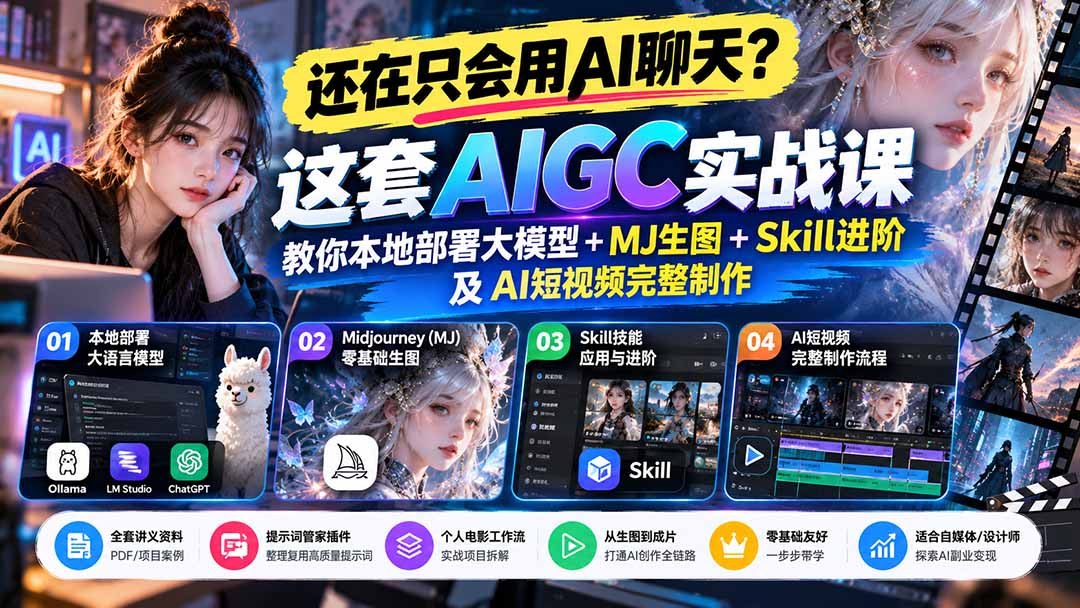 【无水印】还在只会用AI聊天？这套AIGC实战课教你本地部署大模型+MJ生图+Skill进阶及AI短视频完整制作-摇钱树