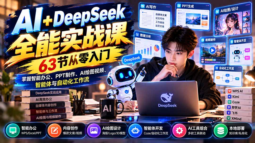AI+DeepSeek全能实战课:63节从零入门,掌握智能办公、PPT制作、AI绘图视频、智能体与自动化工作流-摇钱树