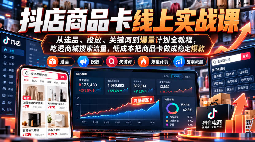 抖店商品卡线上实战课｜从选品、投放、关键词到爆量计划全教程，吃透商城搜索流量，低成本把商品卡做成稳定爆款-摇钱树