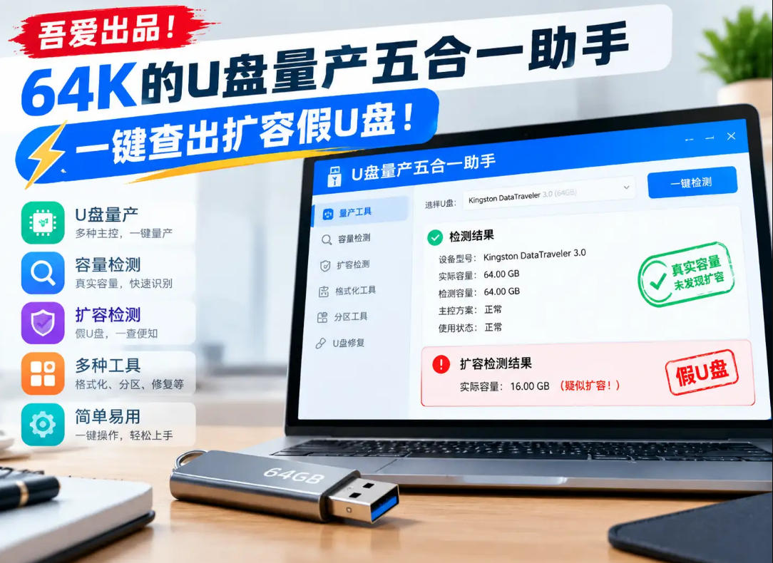 吾爱出品!64K的U盘量产五合一助手,一键查出扩容假U盘!