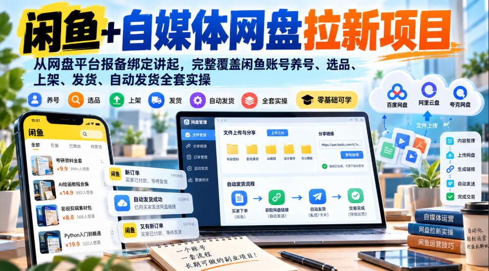 闲鱼+自媒体网盘拉新项目,从网盘平台报备绑定讲起,完整覆盖闲鱼账号养号、选品、上架、发货、自动发货全套实操-摇钱树