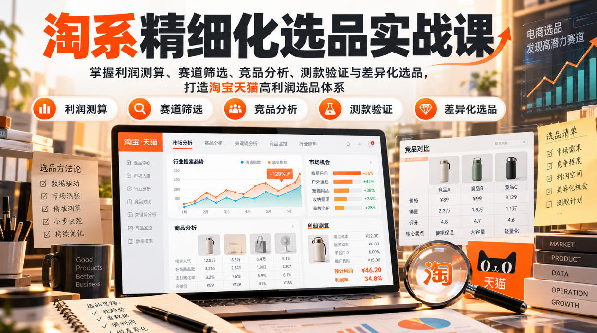货架电商精细化选品实战课:掌握利润测算、赛道筛选、竞品分析、测款验证与差异化选品,打造淘宝天猫高利润选品体系-摇钱树