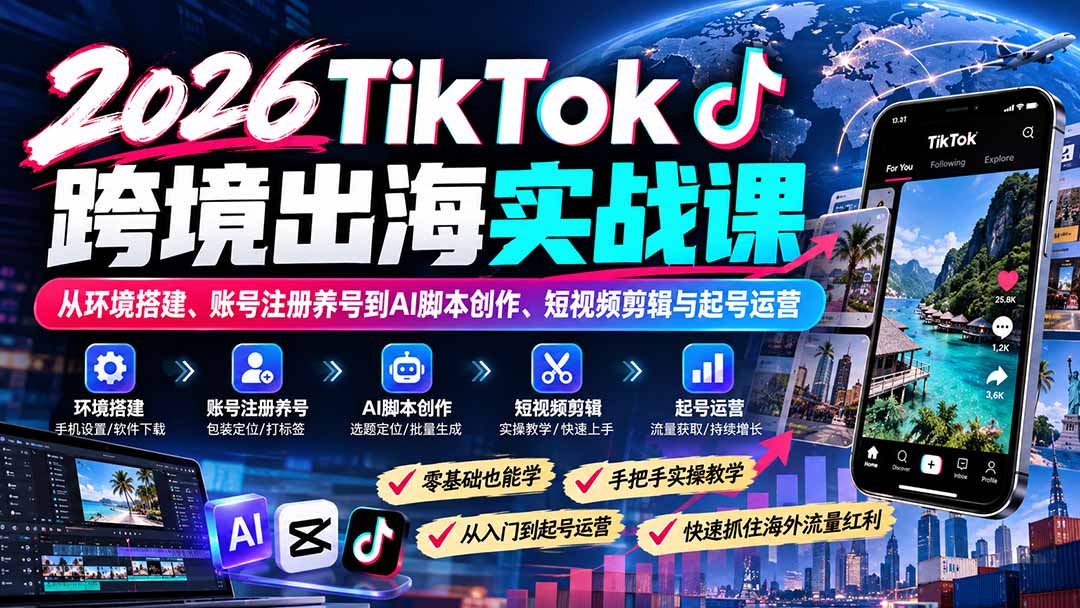 2026TikTok跨境出海实战课:从环境搭建、账号注册养号到AI脚本创作、短视频剪辑与起号运营-摇钱树