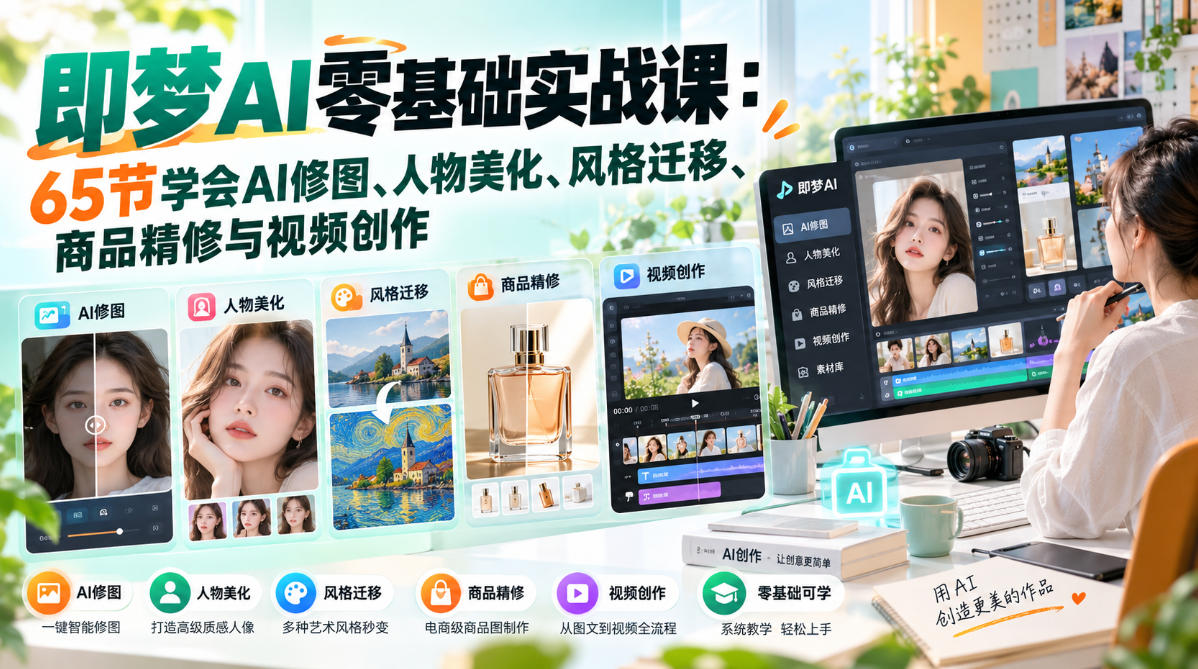 即梦AI零基础实战课：65节学会AI修图、人物美化、风格迁移、商品精修与视频创作-摇钱树