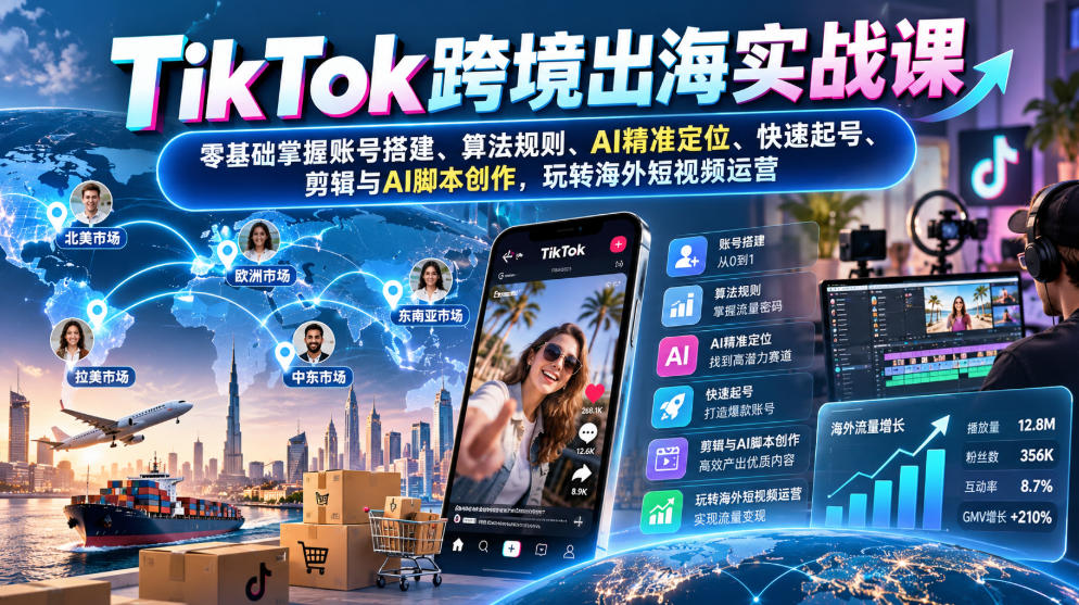 TikTok跨境出海实战课:零基础掌握账号搭建、算法规则、AI精准定位、快速起号、剪辑与AI脚本创作,玩转海外短视频运营-摇钱树