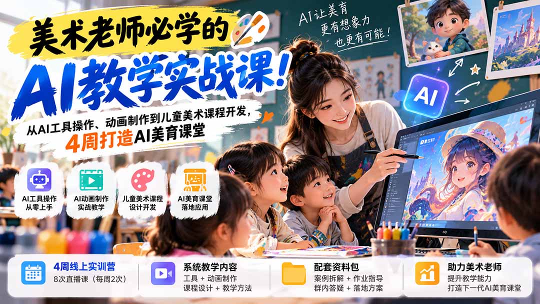 美术老师必学的AI教学实战课!从AI工具操作、动画制作到儿童美术课程开发,4周打造AI美育课堂-摇钱树