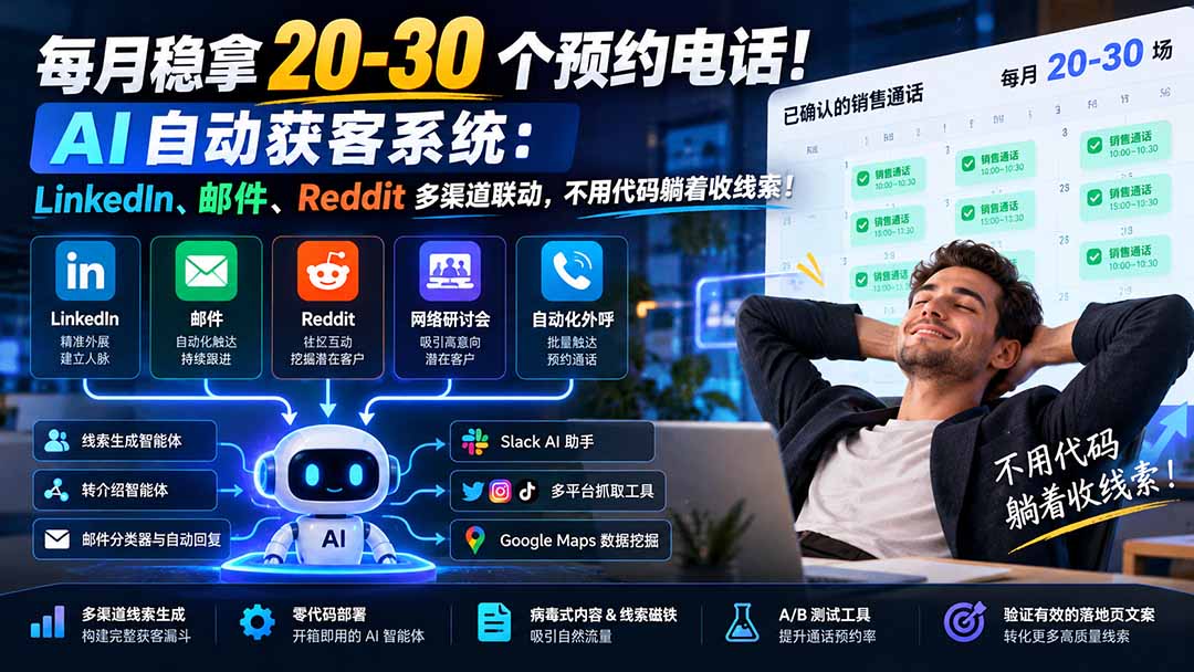 每月稳拿 20-30 个预约电话!AI 自动获客系统:LinkedIn、邮件、Reddit 多渠道联动,不用代码躺着收线索!-摇钱树