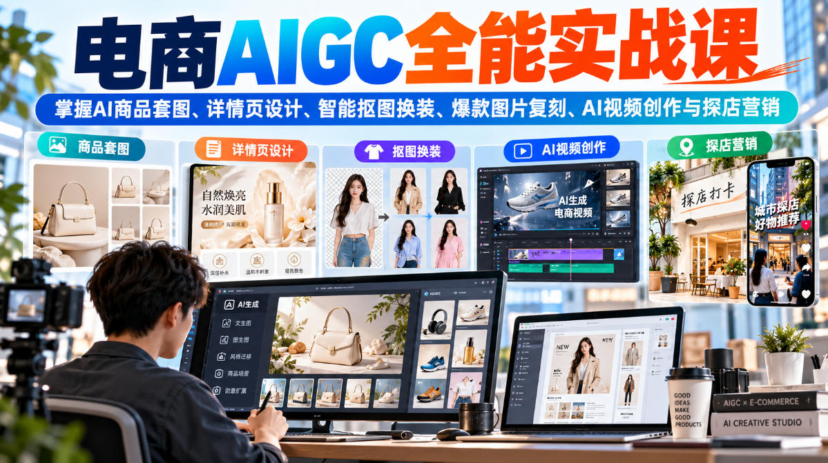 电商AIGC全能实战课:掌握AI商品套图、详情页设计、智能抠图换装、爆款图片复刻、AI视频创作与探店营销-摇钱树