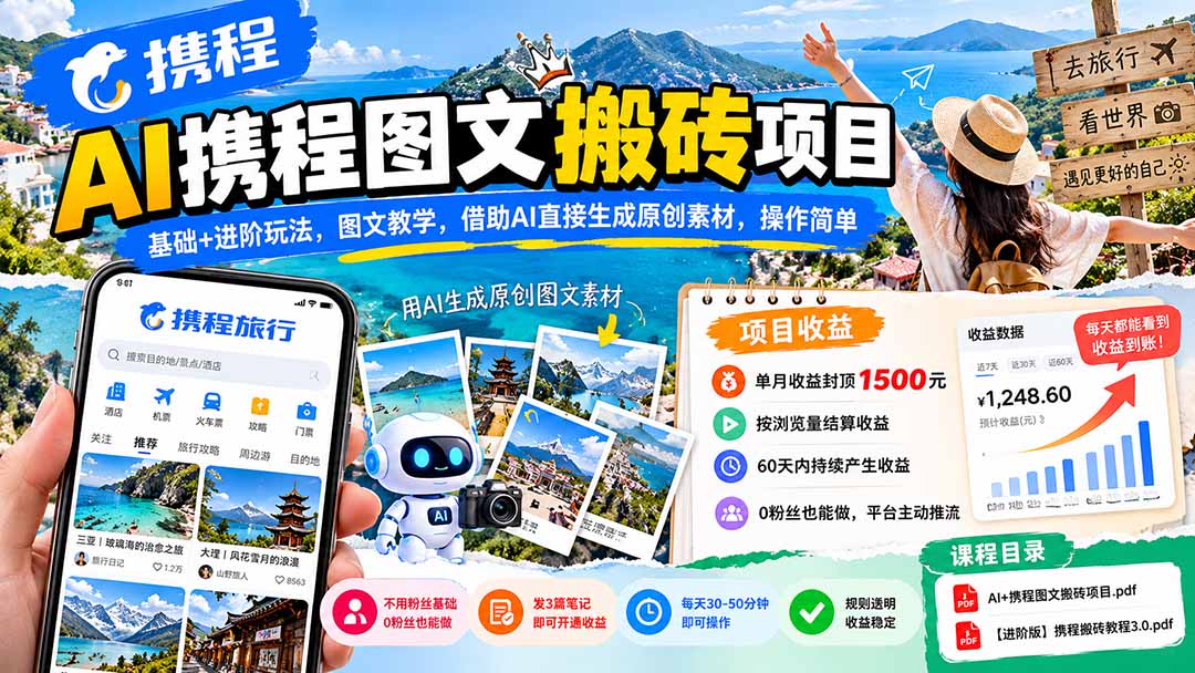 AI携程图文搬砖项目，基础+进阶玩法，图文教学，借助AI直接生成原创素材，操作简单